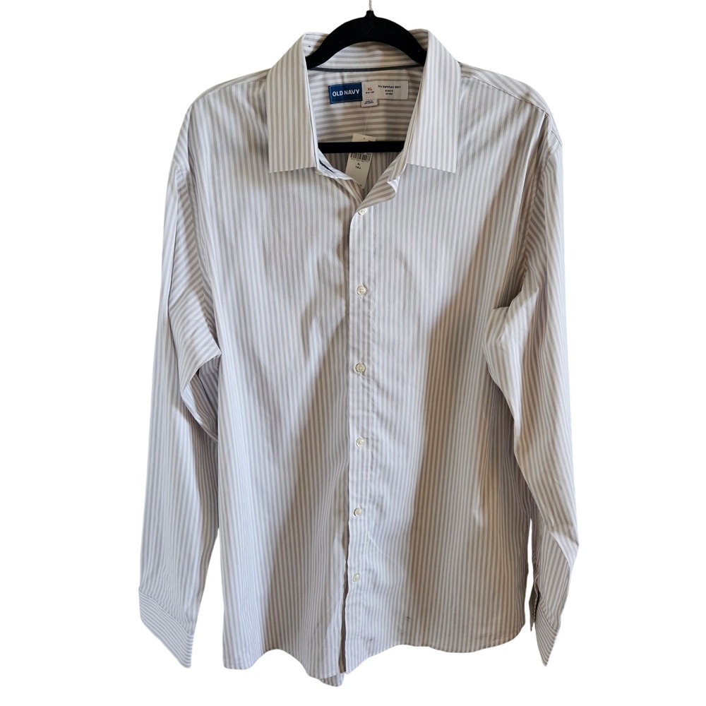 Old Navy Pro Signature Shirt XL Tall Slim Fit Go-Dry Tan White Stripe